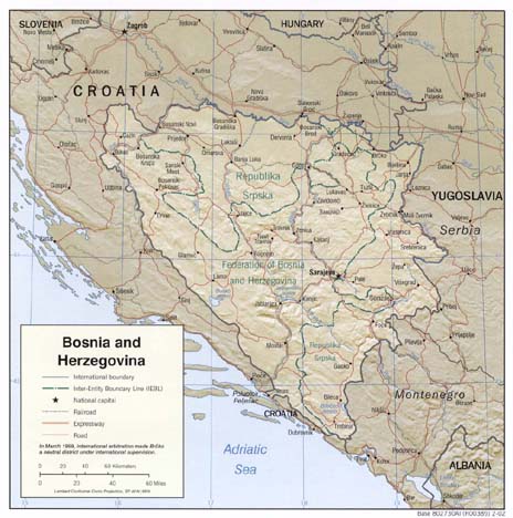 Mapa reliéfu Bosny a Hercegoviny