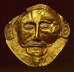 Mykénské umění, Agamemnonova maska objevena H.&nbsp;Schliemannem v&nbsp;Mykénách (Archeologické muzeum v&nbsp;Athénách)