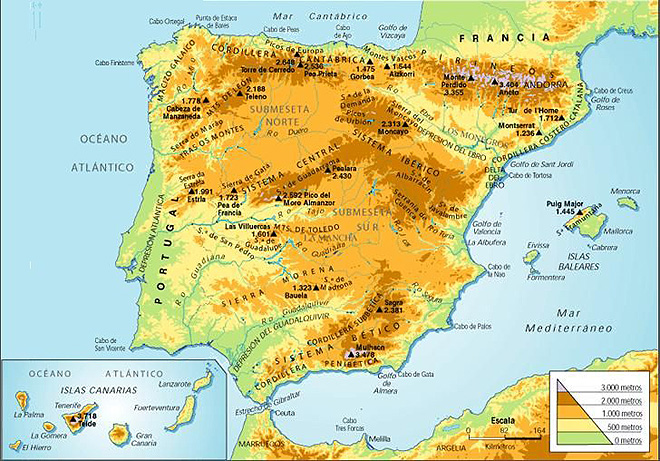Fyzická mapa Španělska