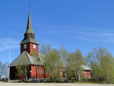 Dřevěný kostelík v sámské vesnici Kautokeino