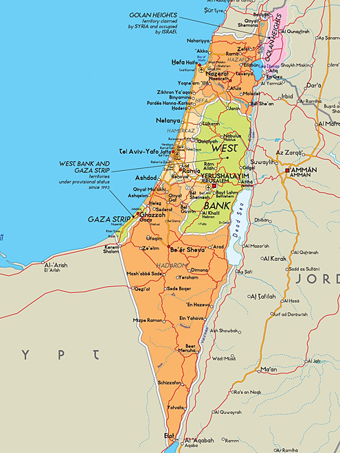 Mapa Izraele, Palestinských území a Golanských výšin
