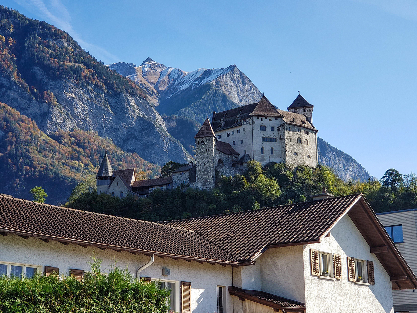 Vaduzský hrad stojí na zalesněném kopci s výhledem na štíty hor