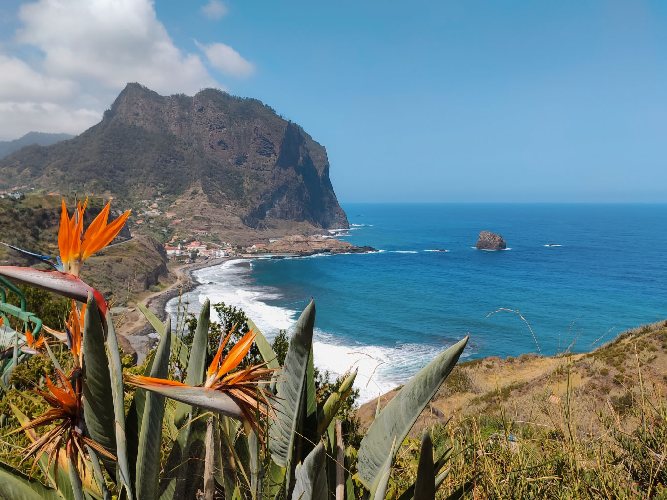 Pohled na Porto da Cruz z rozkvetlého útesu