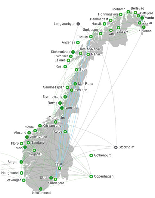 Mapa destinací letecké společnosti Widerøe