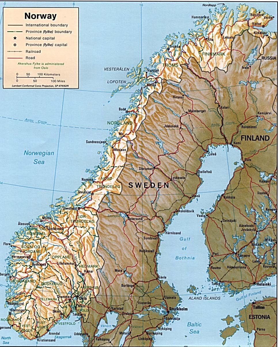 Mapa reliéfu Norska