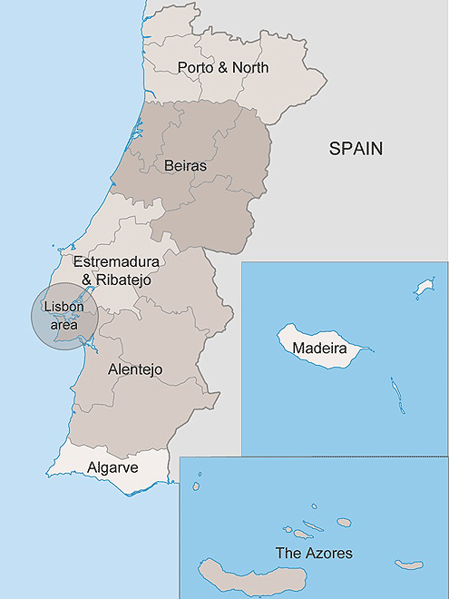 Portugalsko lze rozdělit do šesti hlavních částí a dvou autonomních oblastí