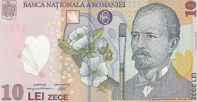 Rumunské plastové bankovky - jsou voděodolné a nedají se přetrhnout. Bankovka 10 lei a malíř Grigorescu.