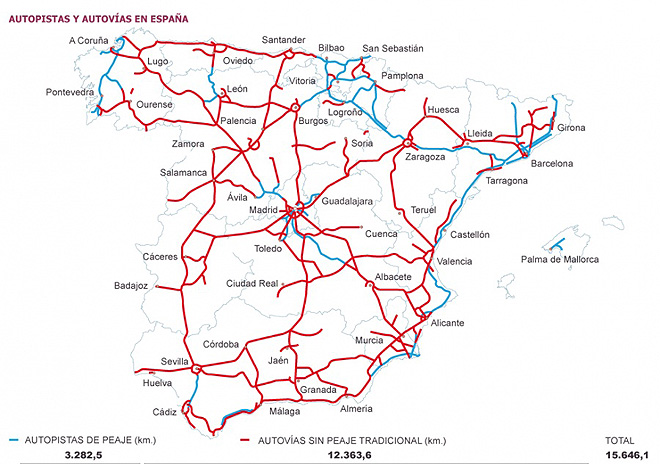 Mapa silnic a dálnic ve Španělsku
