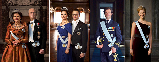 Král Carl XVI. Gustaf s královnou Sylvií, korunní princezna Victoria a princ Daniel, princ Carl Philip, princezna Madeleine