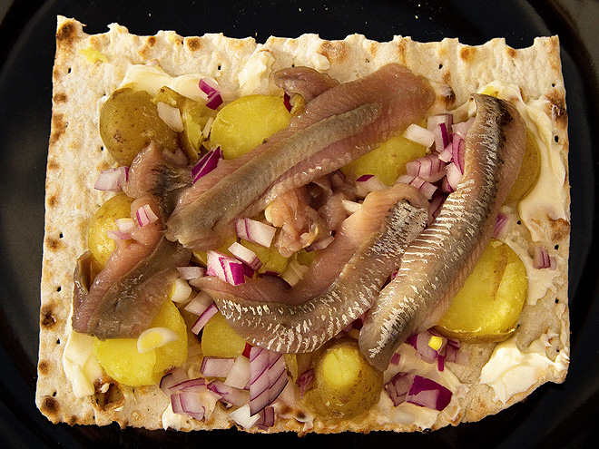 Švédská národní pochoutka surströmming – kvašené sledě servírované tradičně na chlebové placce