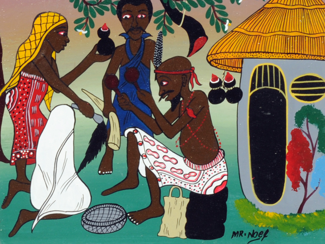 Tradiční obřady zobrazené na obraze od malíře Noela Kapandy
