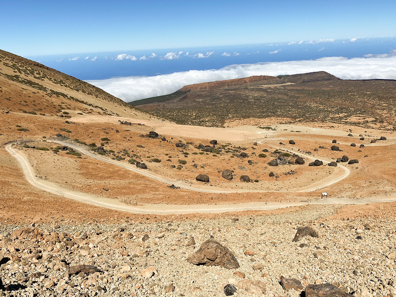 Sestup po úpatí Pico del Teide mezi rozesetými lávovými huevos