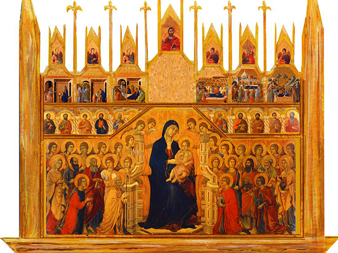 Proslulý oltářní obraz Maesta (Trůnící Madonna) od Duccia