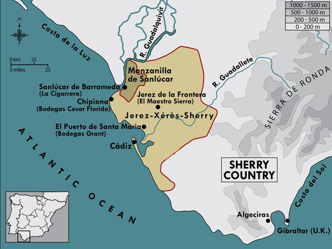 Mapa oblasti na jihu Španělska, kde se víno sherry pěstuje