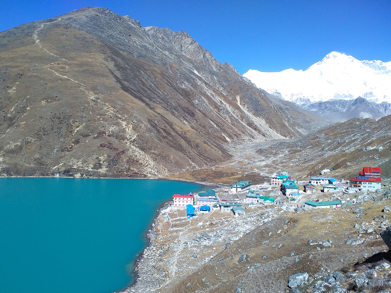 Osada Gokyo s vyhlídkovým kopcem Gokyo Ri a vzadu zasněženou Čo OJu