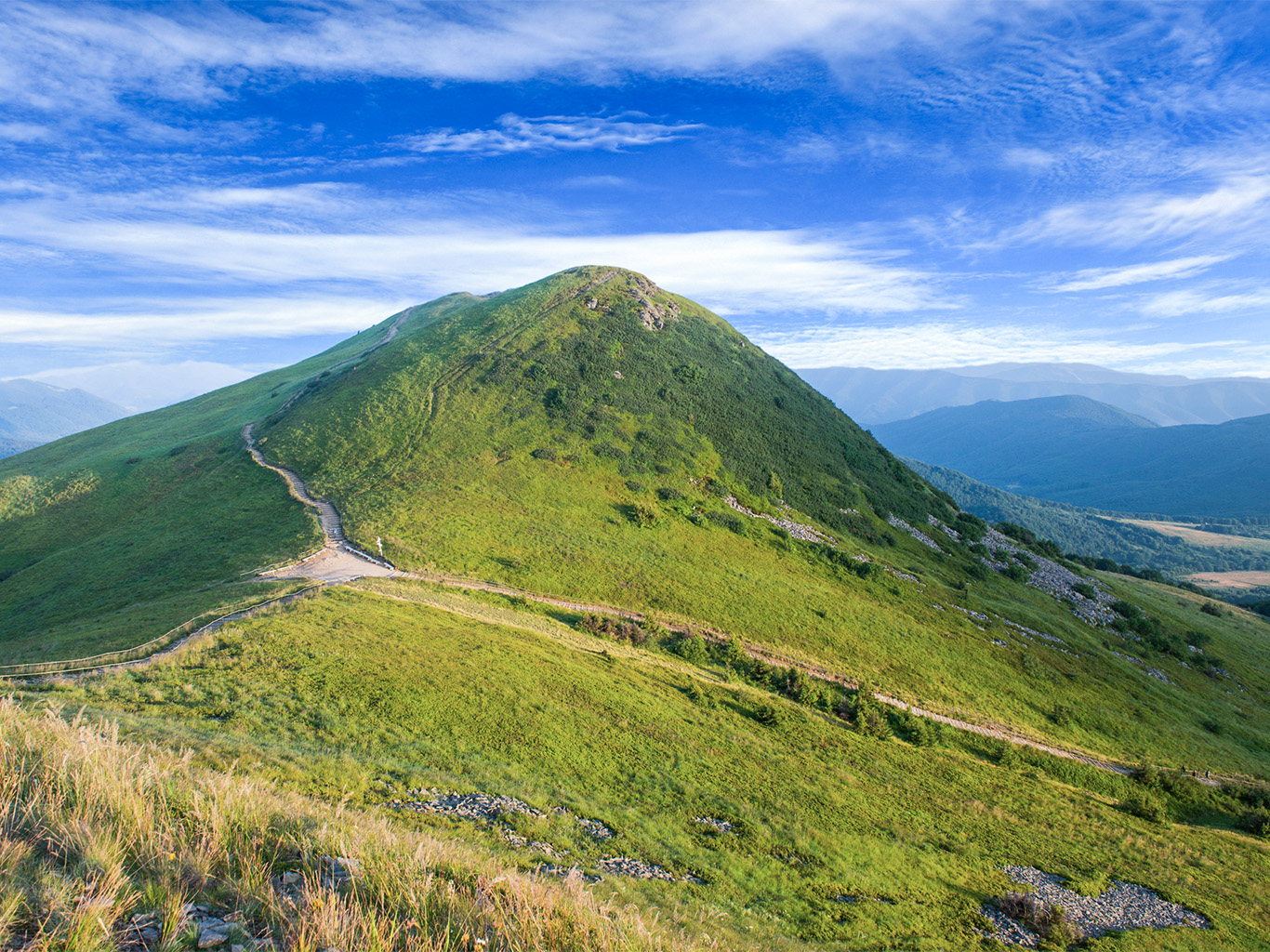 Travnatý vrchol Tarnica (1 346 m) je nejvyšší horou pohoří Bieszczady