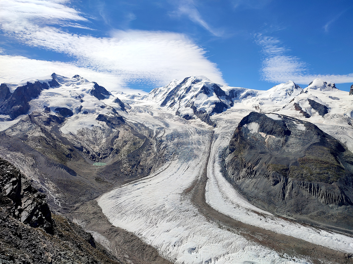 Výhled z Gornergratu na ledovec Gornergletscher