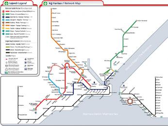 Mapka hlavních linek městské hromadné dopravy: metro, tramvaje, metrobusy, lanovky a vlak