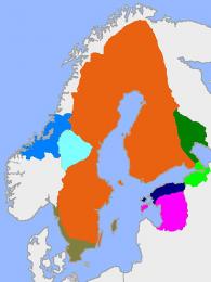 Oranžově vyznačené Švédsko před rokem 1561, ostatní barvy znázorňují provincie získané do roku 1658