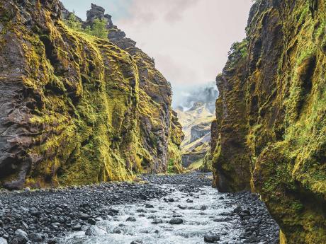 Temné stěny kaňonu Fjaðrárgljúfur jsou až 100 metrů vysoké
