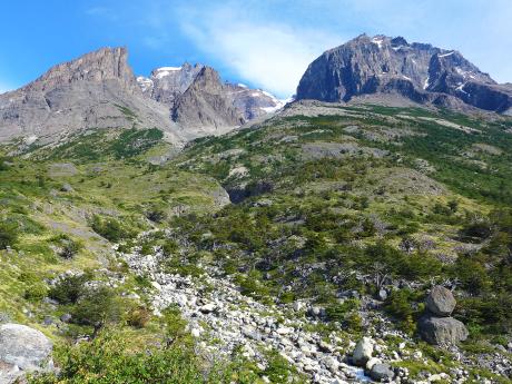 Divoké říčky, zalesněná úpatí a holé vrcholky v NP Torres del Paine