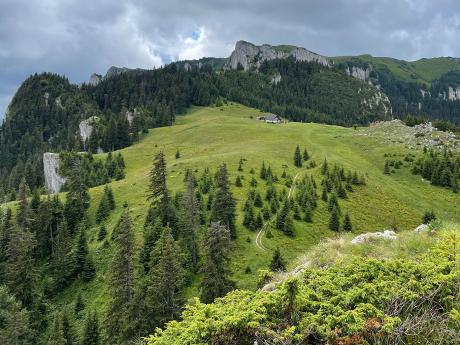 Pohled do krajiny během túry v pohoří Piatra Mare