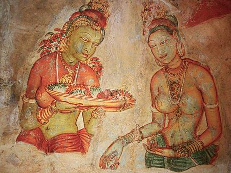 Fresky nahých žen na stěnách skalního chrámu Sigiriya