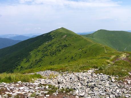 Travnaté vrcholy poloniny Piškoňa, která je součástí národního parku Siněvir